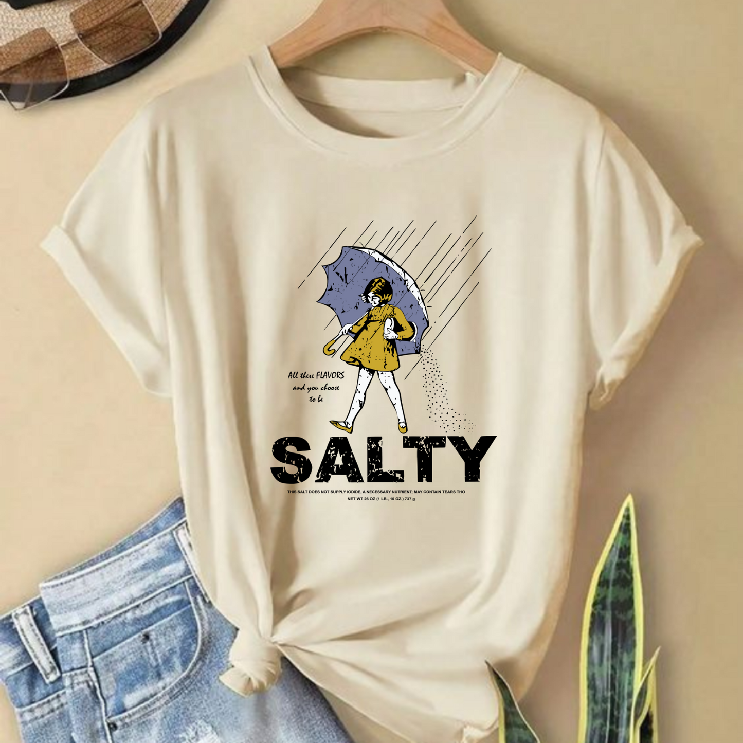 Women's "Salty Girl" Vintage T-Shirt – Trendy Umbrella Top for Her