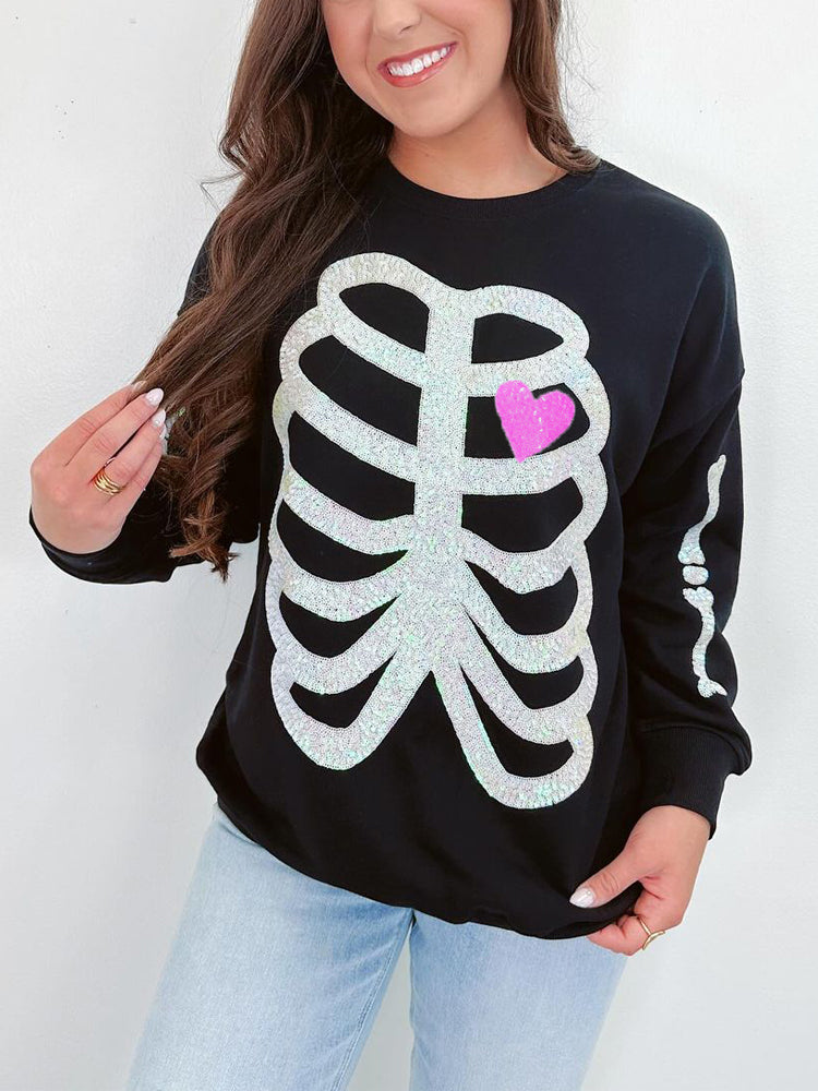Women's Halloween Sequin Skeleton Crewneck Sweatshirt