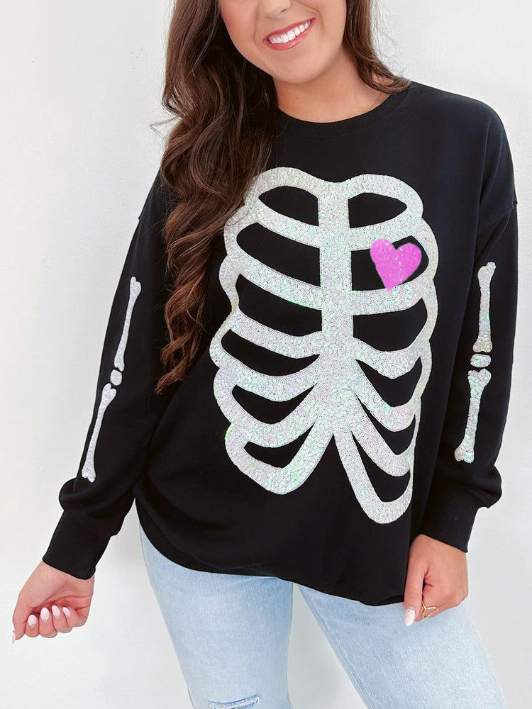 Women's Halloween Sequin Skeleton Crewneck Sweatshirt