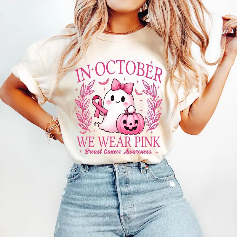 "In October We Wear Pink" T-Shirt - Retro Breast Cancer Awareness & Halloween Tee