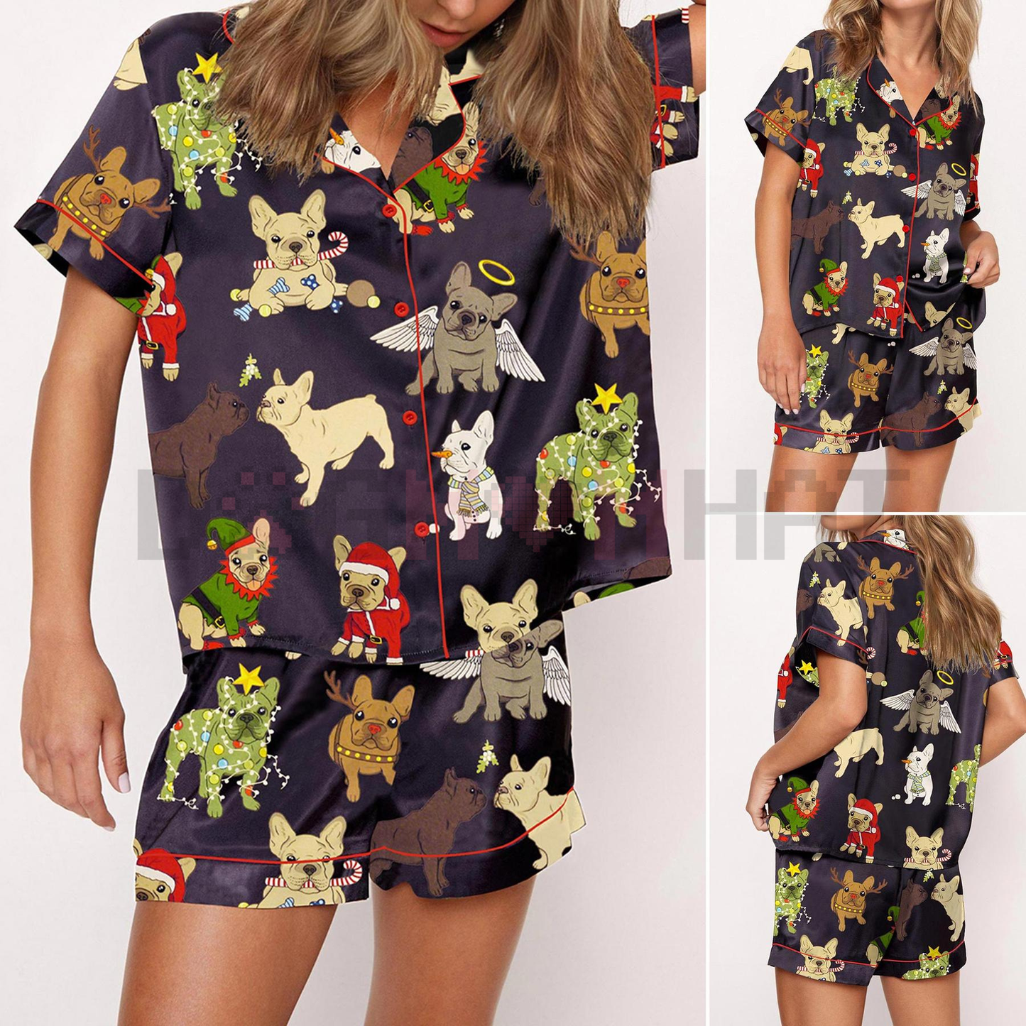 Christmas French Bulldog Satin Pajama Set For Women – Comfy Satin Sleepwear & Loungewear Pjs