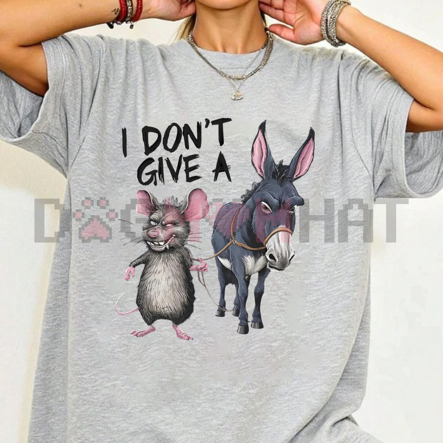 Men's Funny "I Don't Care" Mouse & Donkey T-Shirt – Vintage Loose 180g Cotton Humor Graphic Tee
