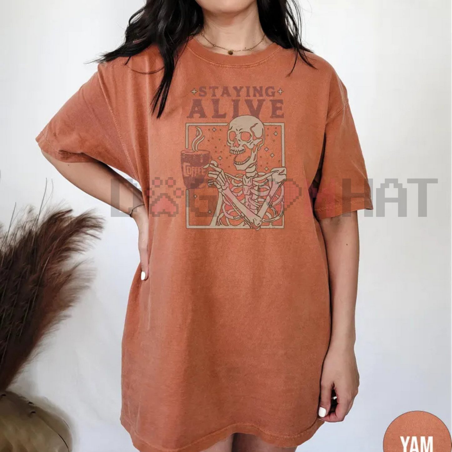 "Staying Alive" Coffee T-Shirt – Funny Skeleton Tee, Trendy Retro Halloween, Women's Comfort Colors Shirt