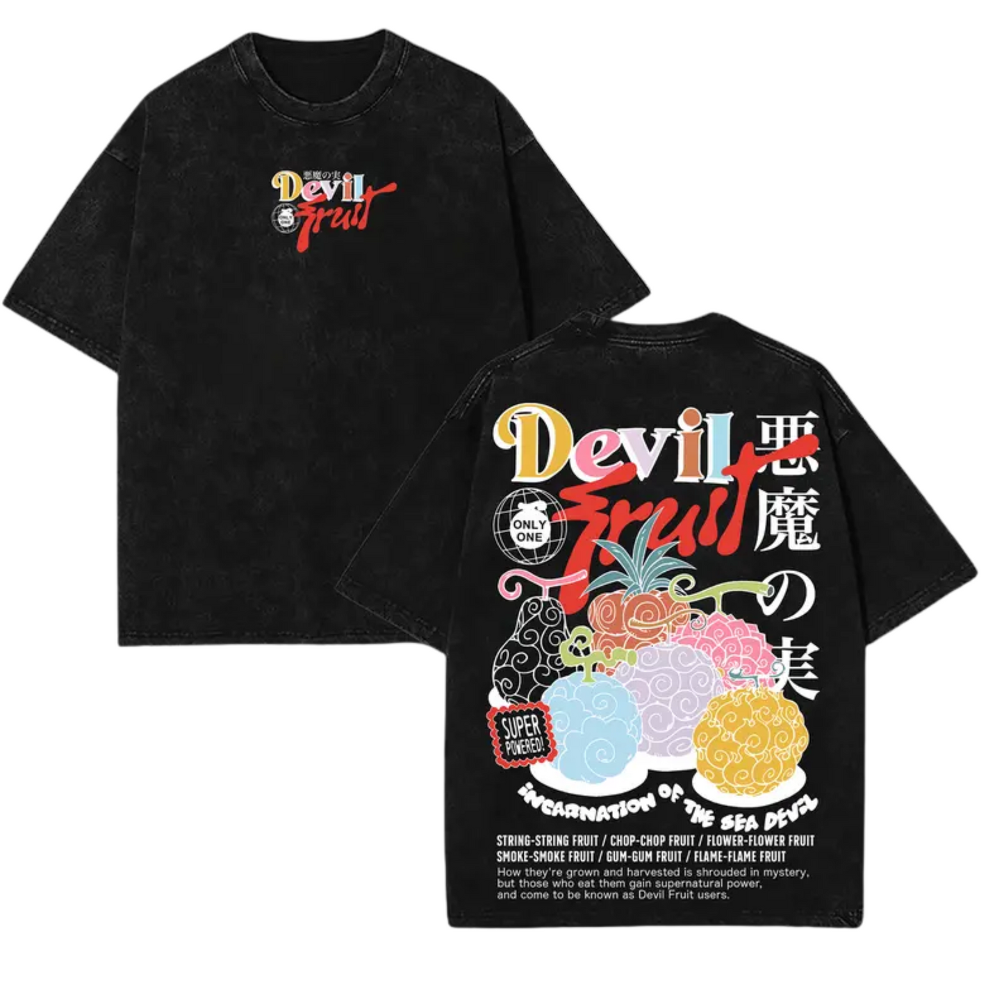 Devil Fruit One Piece Washed Tee Collection – Oversized Anime Graphic Shirt