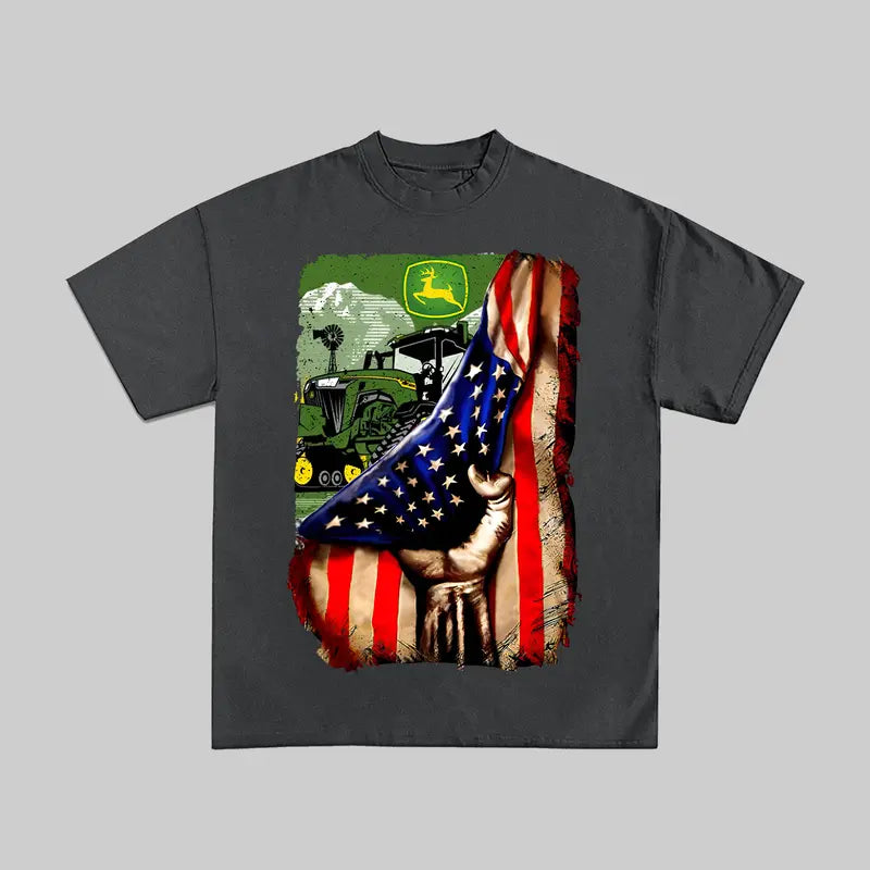 John Deere Tractor US Flag T-Shirt - American Farmer Graphic Tee