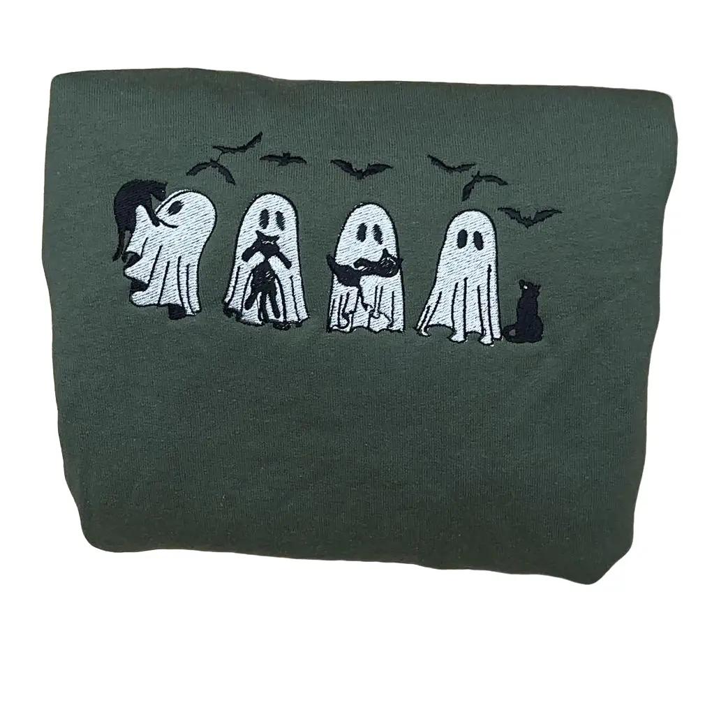 Cute Ghosts & Black Cats Embroidered Sweatshirt – Spooky Season Halloween Crewneck for Cat Lovers