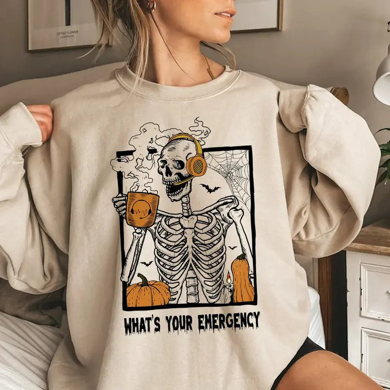 "What's Your Emergency" 911 Dispatcher Sweatshirt - Skeleton Halloween Crewneck