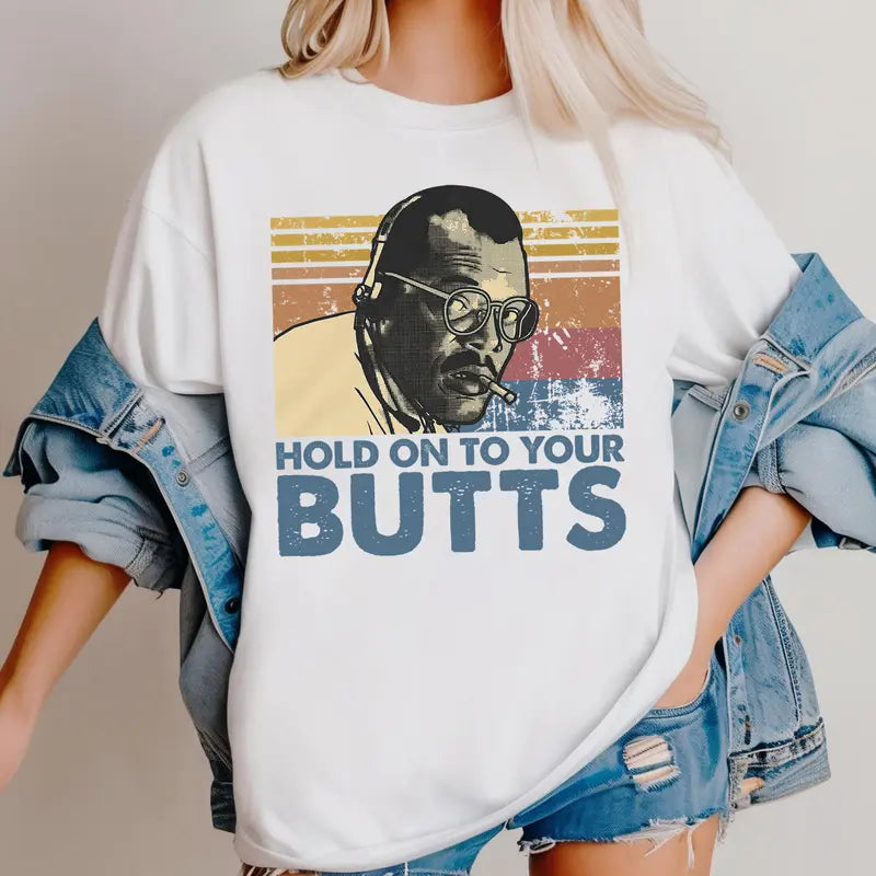 Retro “Hold On To Your Butts” T-Shirt – Funny Dinosaur-Inspired Graphic Tee, Unisex 90s Movie Quote Shirt