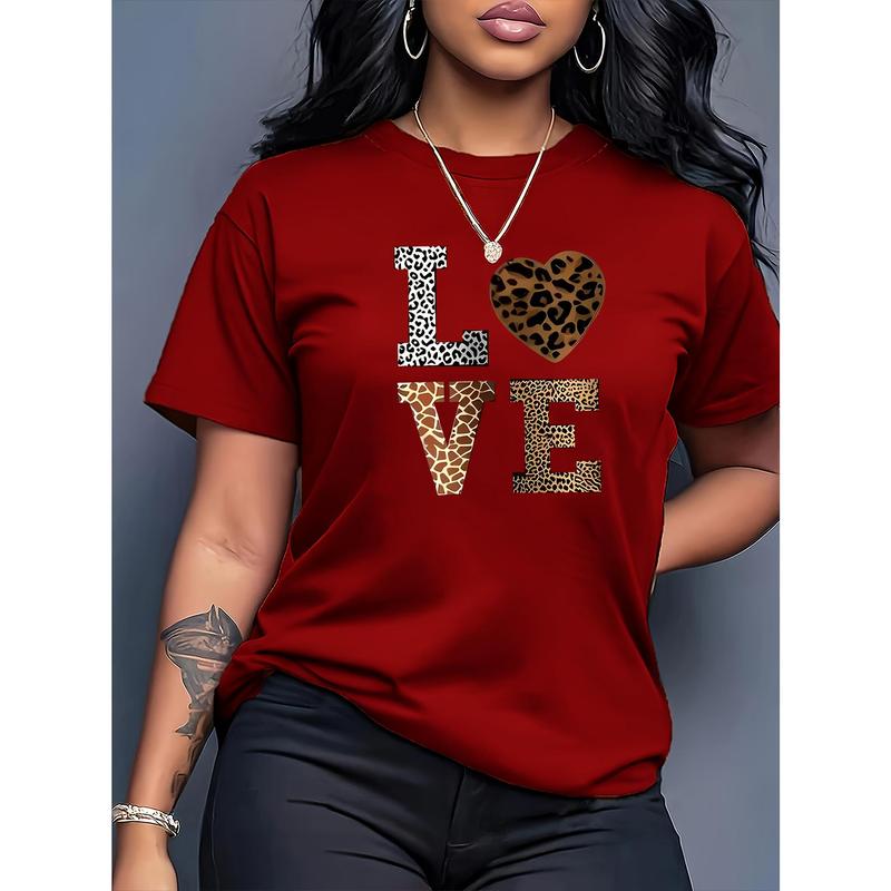 Women's Leopard Heart LOVE T-Shirt – Casual Crewneck Summer Streetwear