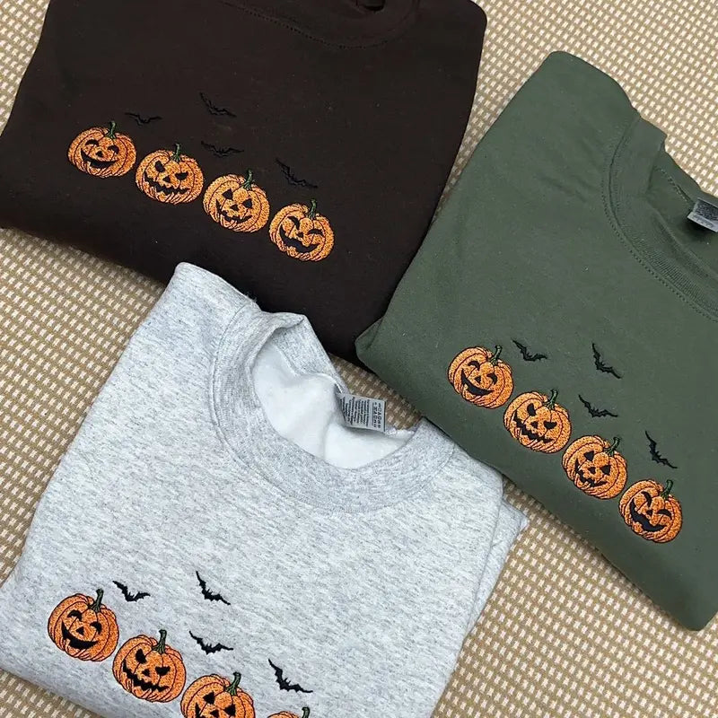 Embroidered Halloween Pumpkins Sweatshirt - Spooky Season Apparel with Bats
