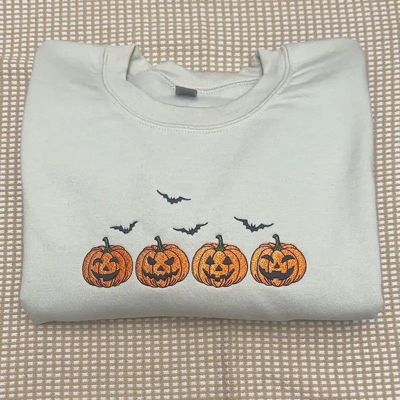 Embroidered Halloween Pumpkins Sweatshirt - Spooky Season Apparel with Bats