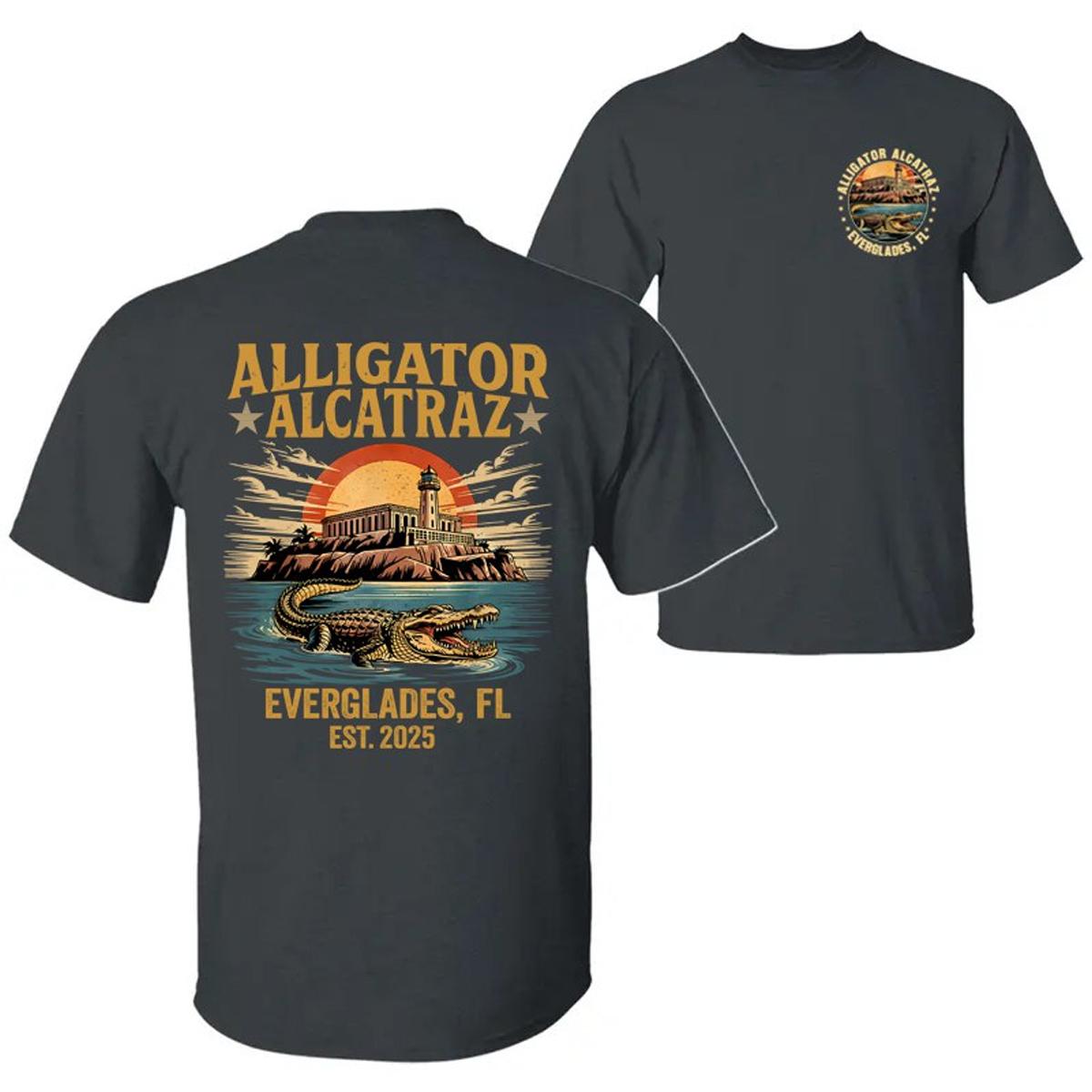 Retro Alligator Alcatraz T-Shirt – Funny Florida Everglades Double-Sided Tee, Southern Swamp Humor Shirt for Men & Women
