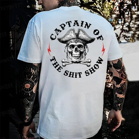 "Captain of the Shit Show" Skull Print T-Shirt – Funny & Fashionable Men's Crewneck, Casual Cotton Tee - Dogmomhat