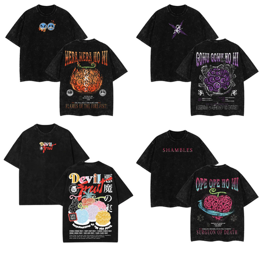 Devil Fruit One Piece Washed Tee Collection – Oversized Anime Graphic Shirt, Vintage Manga Streetwear - Dogmomhat