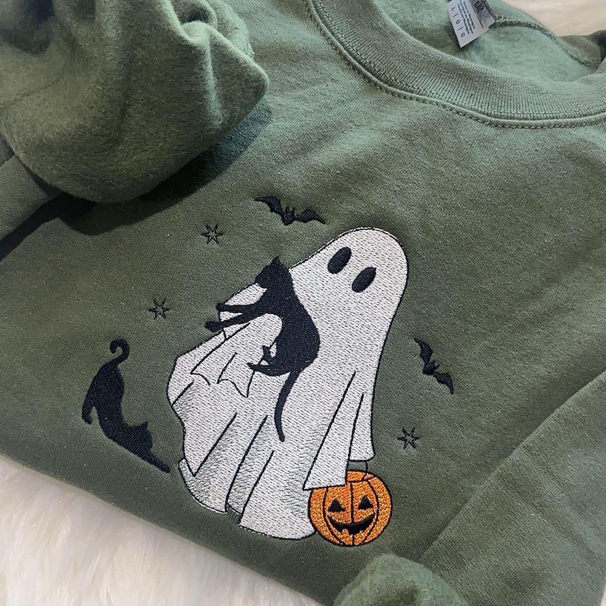 Embroidered Halloween Ghosts & Cats Sweatshirt – Cozy Fall Crewneck for Spooky Season Style - Dogmomhat