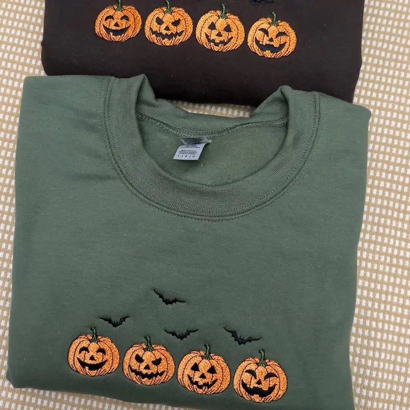 Embroidered Halloween Pumpkins Sweatshirt - Spooky Season Apparel with Bats - Dogmomhat
