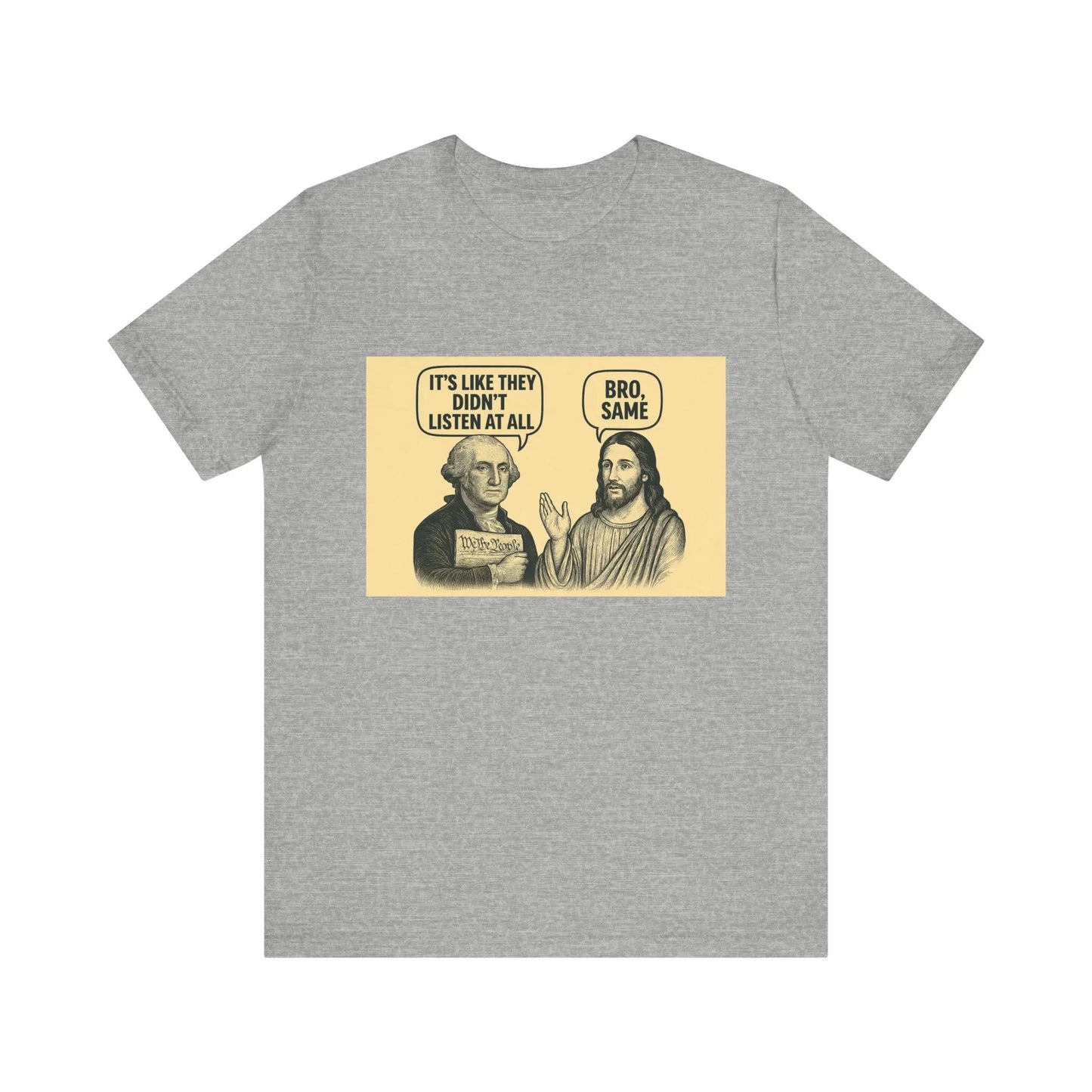 George and Jesus T-Shirt – Lighthearted USA-Inspired Graphic Tee, Unisex Retro Style Shirt for Men & Women - Dog Mon Hat