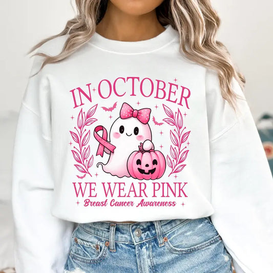 "In October We Wear Pink" T-Shirt - Retro Breast Cancer Awareness & Halloween Tee - Dogmomhat