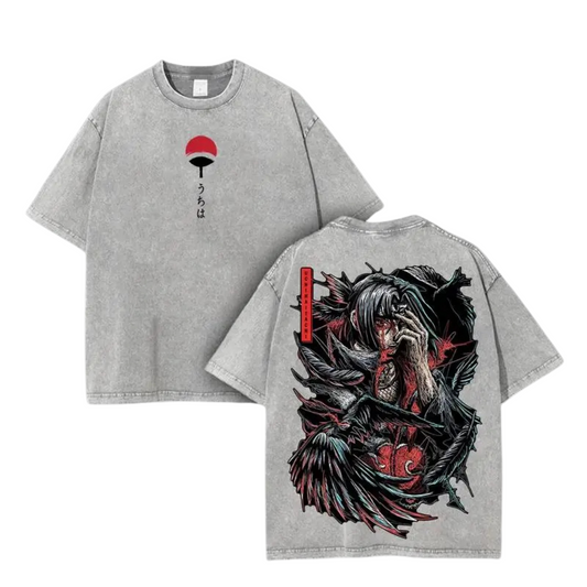 Itachi-Inspired Washed T-Shirt – Vintage Heavy Cotton Anime Tee for Fans of Shadowed Heroes & Classic Japanese Animation - Dogmomhat