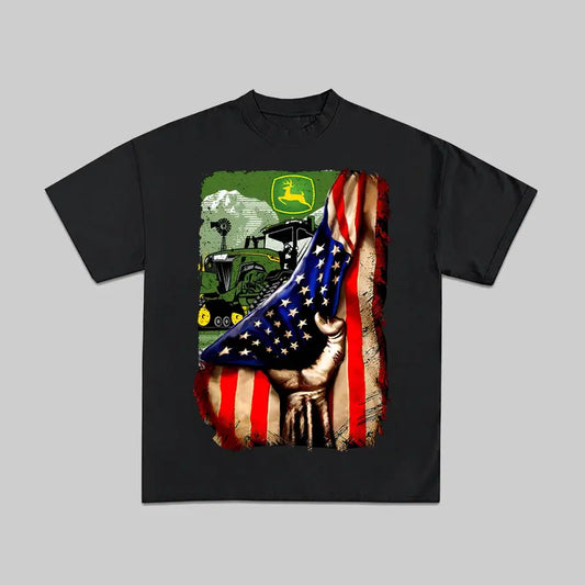 John Deere Tractor US Flag T-Shirt - American Farmer Graphic Tee - Dogmomhat