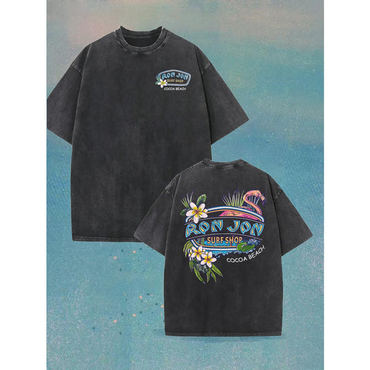 Men’s Vintage Washed Flamingo T-Shirt – Double-Sided Beach Carnival Graphic Tee, Soft Cotton Short Sleeve Shirt - Dogmomhat