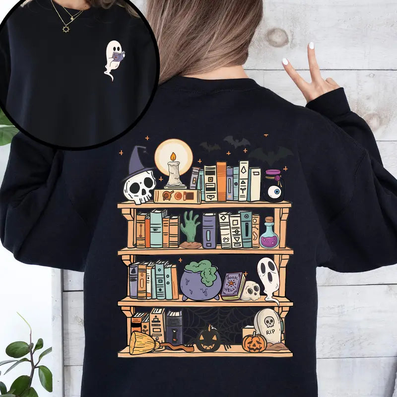 "Reading Ghost" Halloween Sweatshirt - Front & Back Teacher Boo Tee - Dogmomhat
