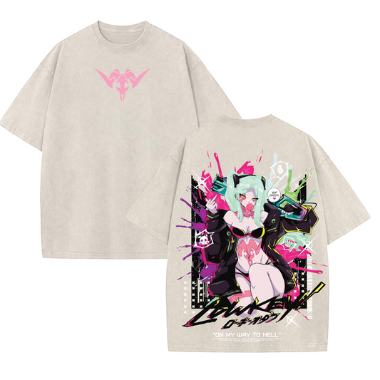 Rebecca Cyberpunk Edgerunners Double Printed Acid Washed T-Shirt - Dogmomhat