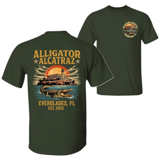Retro Alligator Alcatraz T-Shirt – Funny Florida Everglades Double-Sided Tee, Southern Swamp Humor Shirt for Men & Women - Dogmomhat