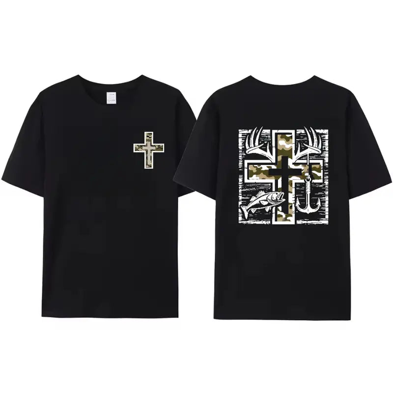 Southern Charm Fishing Shirt – Camo Cross Antlers & Bass Graphic Tee - Dogmomhat