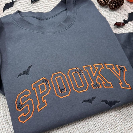 Spooky Embroidered Halloween Sweatshirt – Fall Ghost Pullover, Cozy Autumn Crewneck for Spooky Season - Dogmomhat