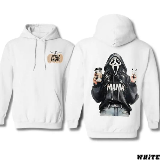 Spooky Mama Halloween Hoodie – Ghost Face Girl Drinking Coffee - Dogmomhat
