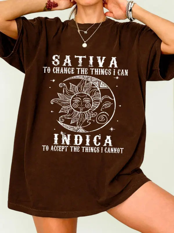 Women’s Sun & Letter Print T-Shirt – Casual Drop Shoulder Summer Tee, Round Neck Short Sleeve Top for Daily Wear - Dogmomhat