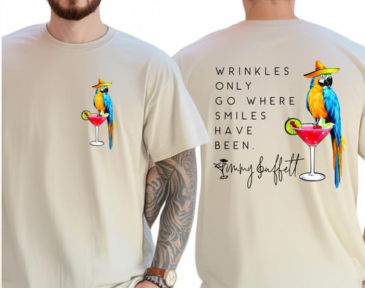 Wrinkles Only Go Where Smiles Have Been T-Shirt – Tropical-Inspired Memorial Tee with Palm Tree Graphic, Double-Sided Unisex Shirt - Dogmomhat
