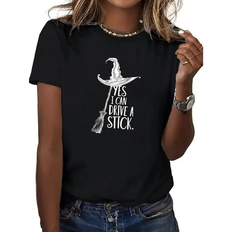 "Yes I Can Drive a Stick" Witch T-Shirt - Funny Halloween Graphic Tee - Dogmomhat