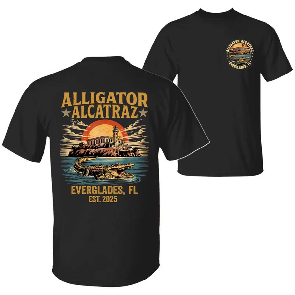 Retro Alligator Alcatraz T-Shirt – Funny Florida Everglades Double-Sided Tee, Southern Swamp Humor Shirt for Men & Women