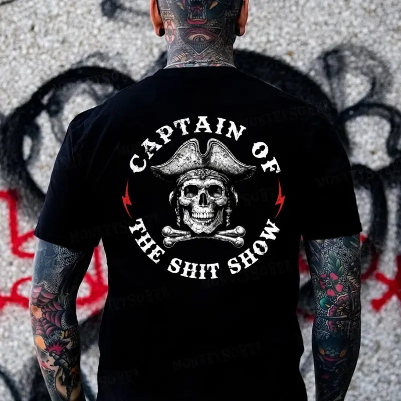 "Captain of the Shit Show" Skull Print T-Shirt – Funny & Fashionable Men's Crewneck, Casual Cotton Tee