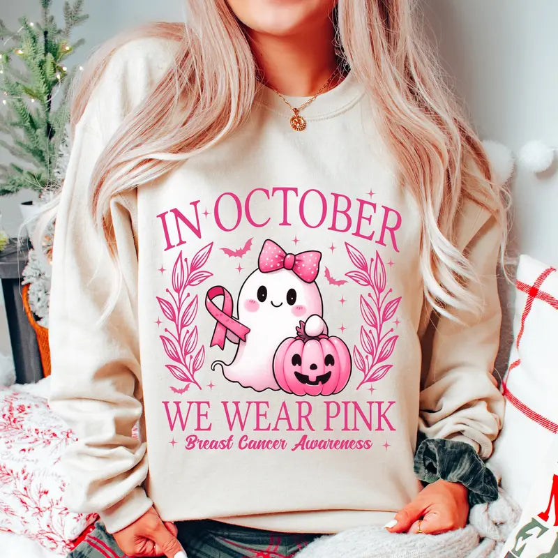"In October We Wear Pink" T-Shirt - Retro Breast Cancer Awareness & Halloween Tee