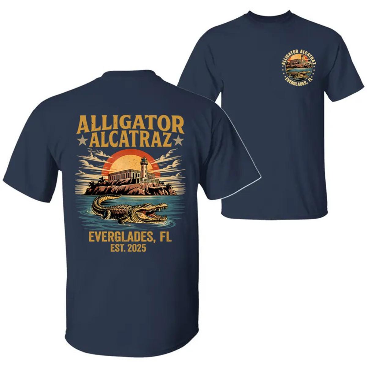 Retro Alligator Alcatraz T-Shirt – Funny Florida Everglades Double-Sided Tee, Southern Swamp Humor Shirt for Men & Women