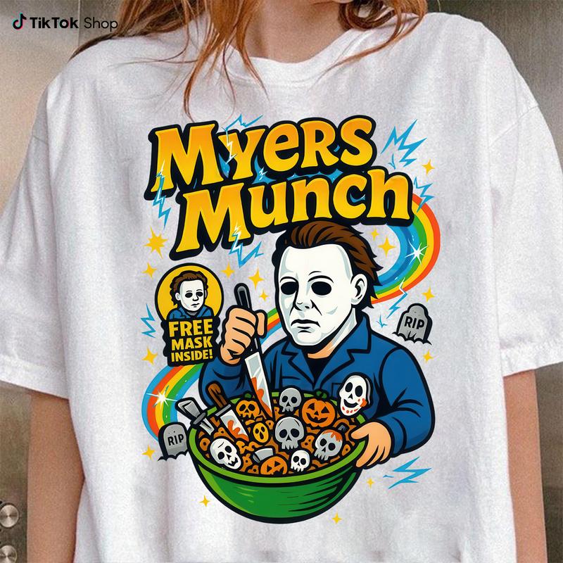 Funny Halloween Graphic T-Shirt – Retro Horror Cereal Tee, Spooky Movie Character Shirt