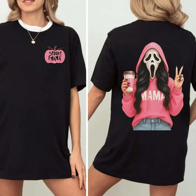 Pink Spooky Mama T-Shirt - 2-Sided Halloween Ghost Mama Tee