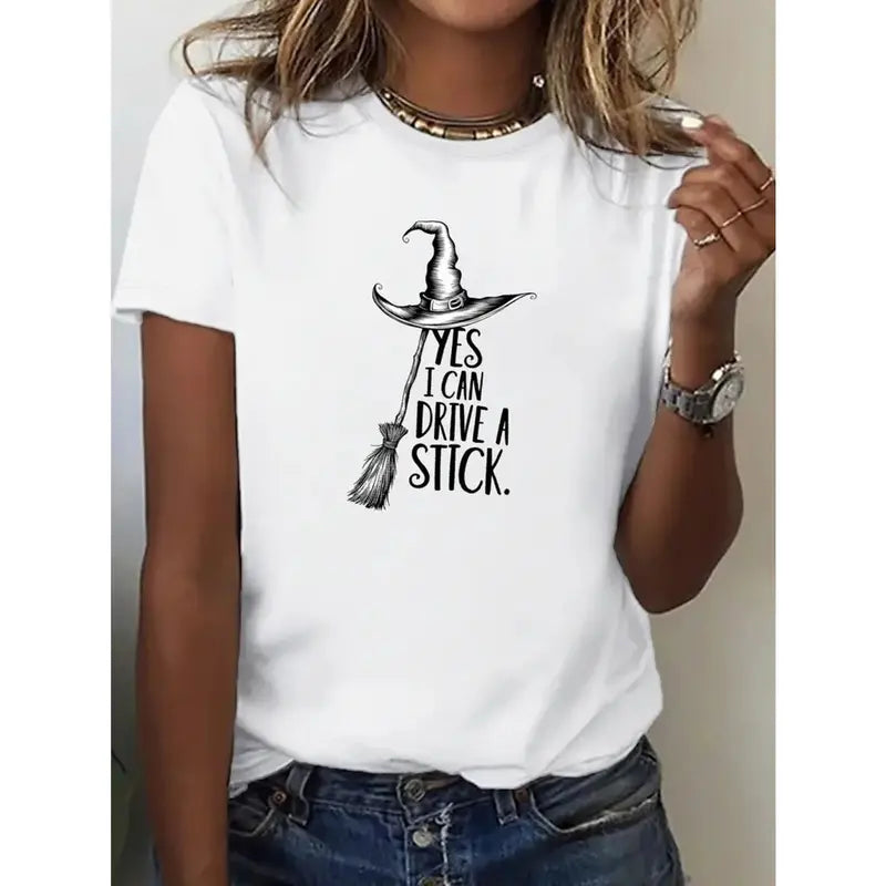 "Yes I Can Drive a Stick" Witch T-Shirt - Funny Halloween Graphic Tee