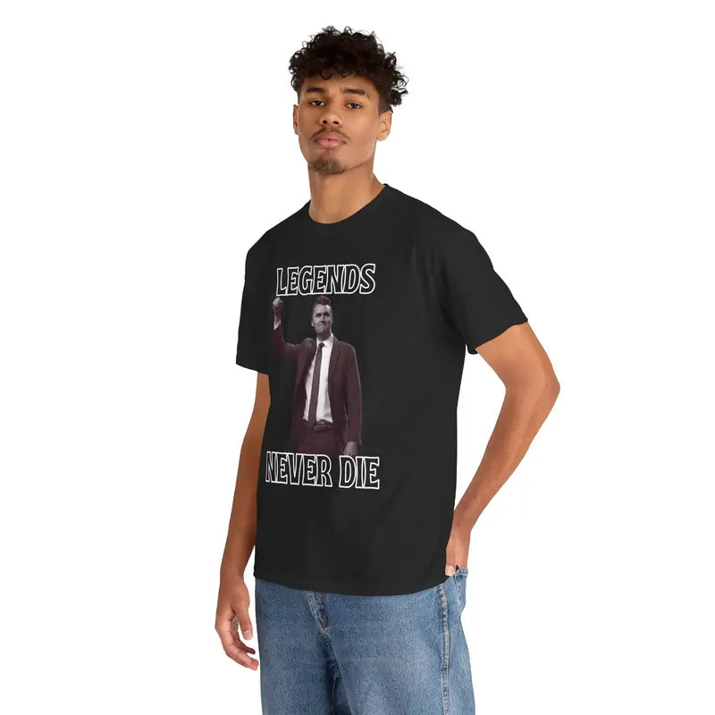 "Legends Never Die" Charlie Kirk Unisex Heavy Cotton Tee – Political Quote Shirt