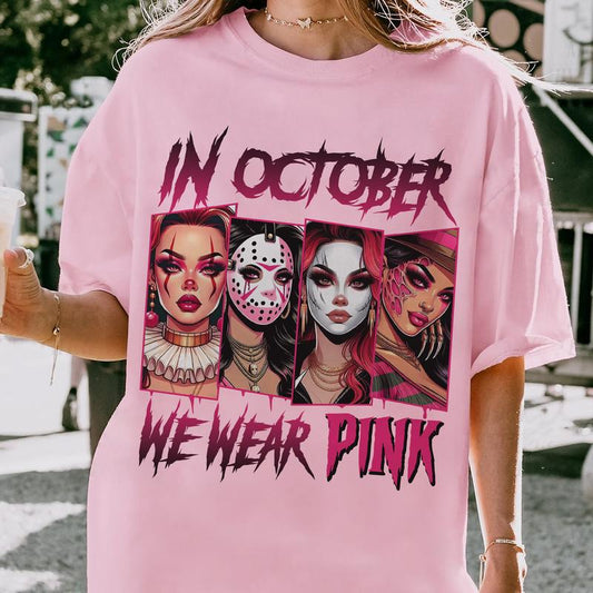 "In October We Wear Pink" Horror Halloween Breast Cancer Shirt – Support Squad Tee, Cancer Survivor Apparel
