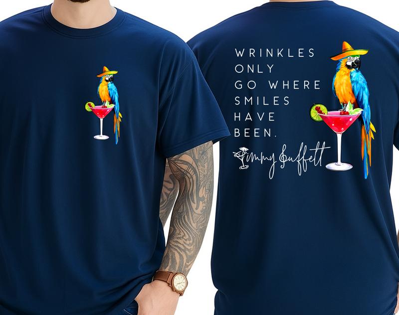 Wrinkles Only Go Where Smiles Have Been T-Shirt – Tropical-Inspired Memorial Tee with Palm Tree Graphic, Double-Sided Unisex Shirt