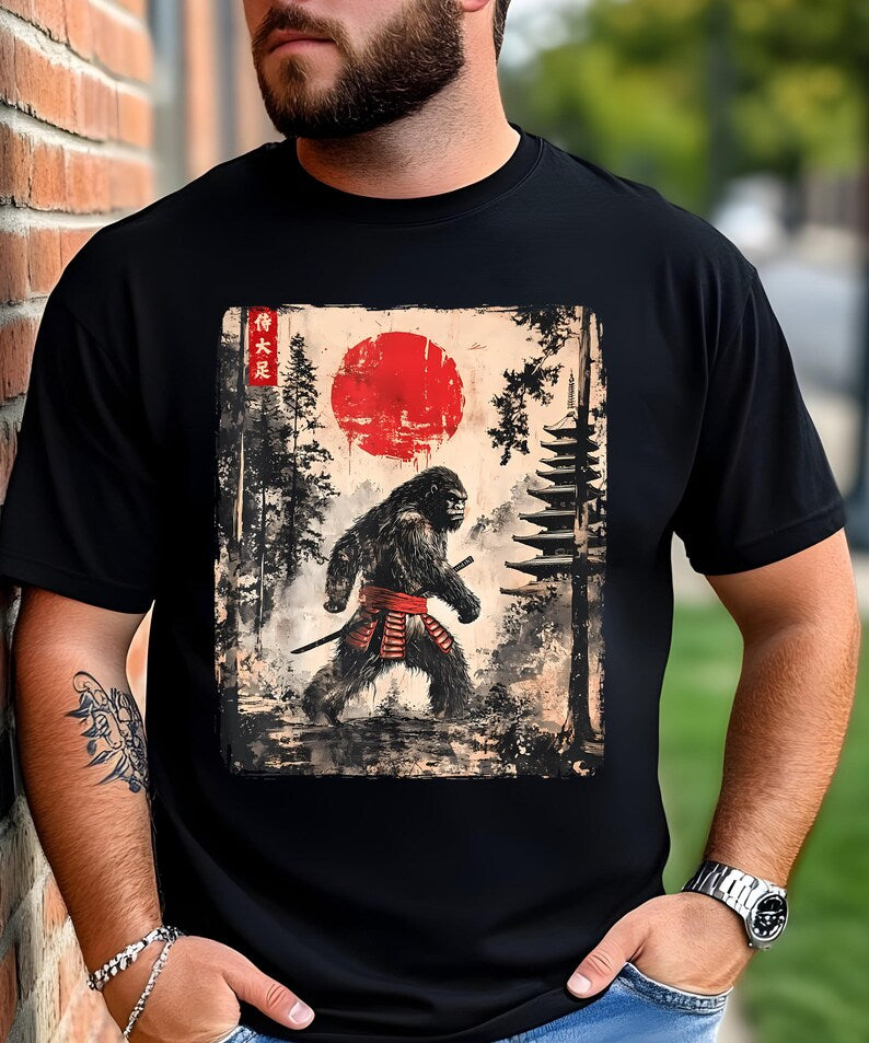 Samurai Bigfoot T-Shirt – Funny Japanese Ukiyo-e Graphic Tee, Vintage-Style Short Sleeve Shirt for Men & Women