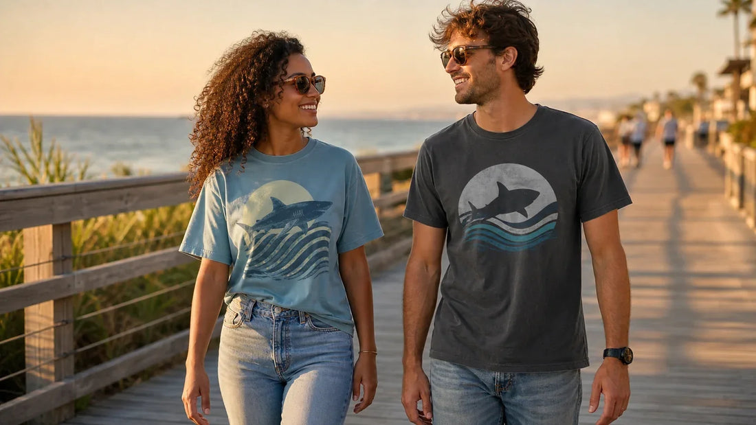 Two friends wearing original shark graphic tees on a coastal boardwalk at golden hour