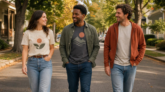 Friends wearing graphic tees and light layers on a warm early-fall afternoon