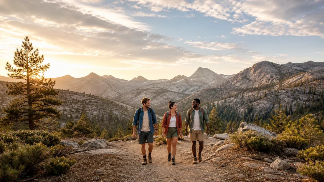 Three friends walking through a mountain landscape at sunrise