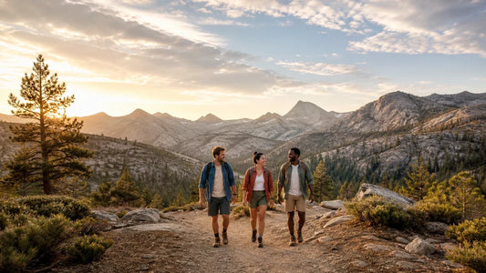 Three friends walking through a mountain landscape at sunrise