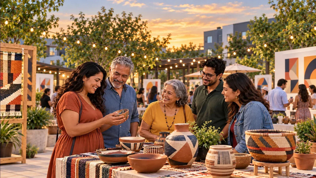 Five Hispanic and Latino adults gathering at a neighborhood arts market in the United States